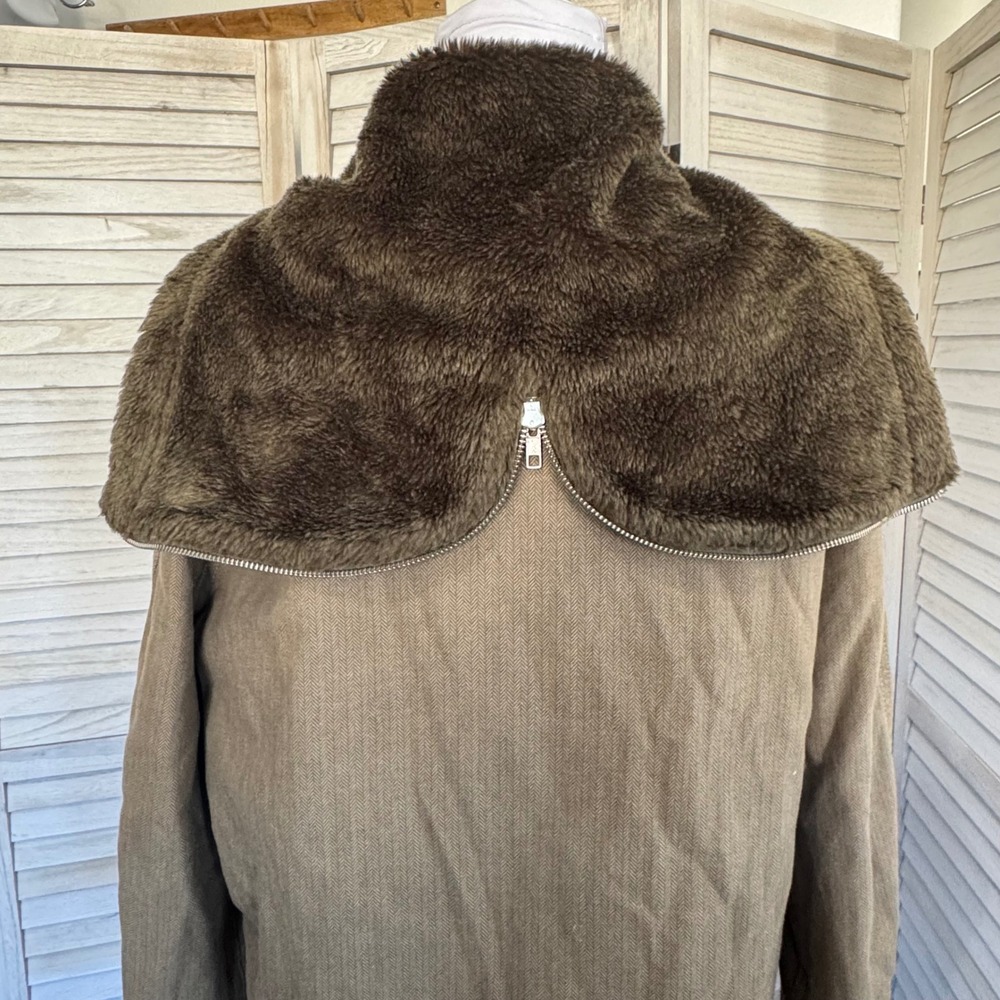 Planet Earth Women's Olive Green Herringbone Faux Fur Lined Hooded Jacket Small - Picture 6 of 14